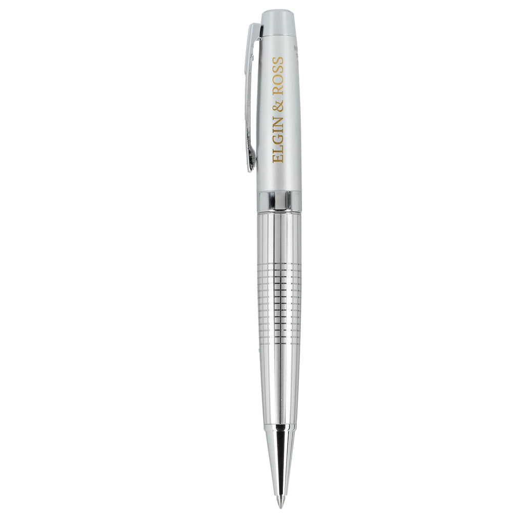 Newton Capped Pen in Recycled Brass with Blue Ink - Silver - Left Side