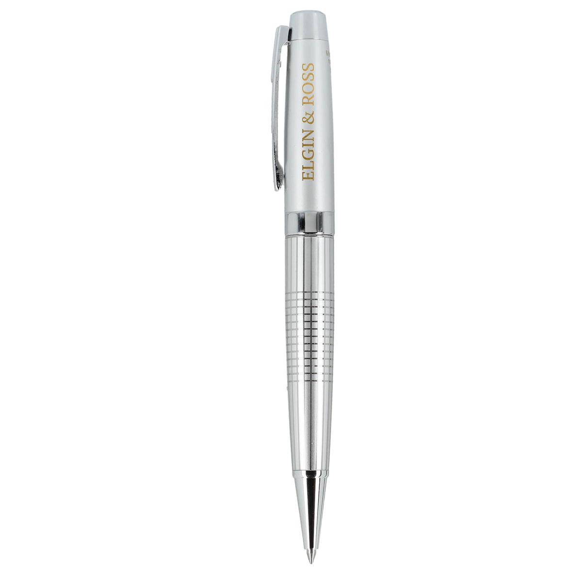 Newton Capped Pen in Recycled Brass with Blue Ink - Silver - Left Side
