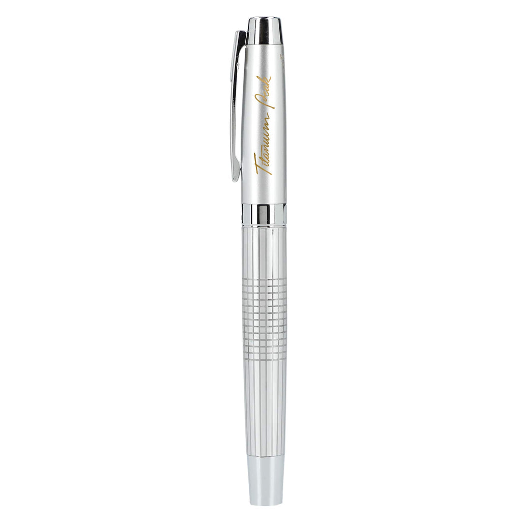 Newton Gel Rollerball Pen in Recycled Brass, Blue Ink Laser Engraving - Silver - Left Side
