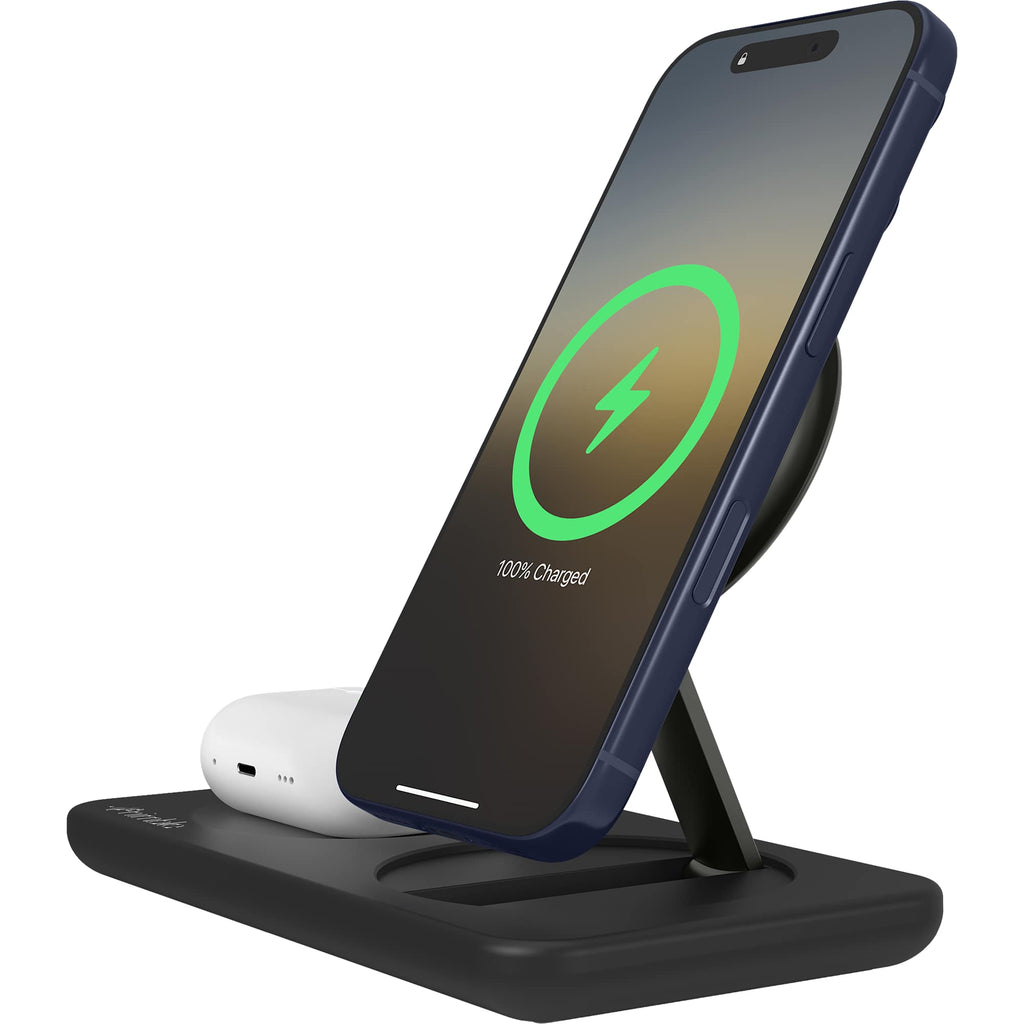Nimble Podium 2-in-1 Qi2 Charging Stand, 25W - Black - Left Angle Phone