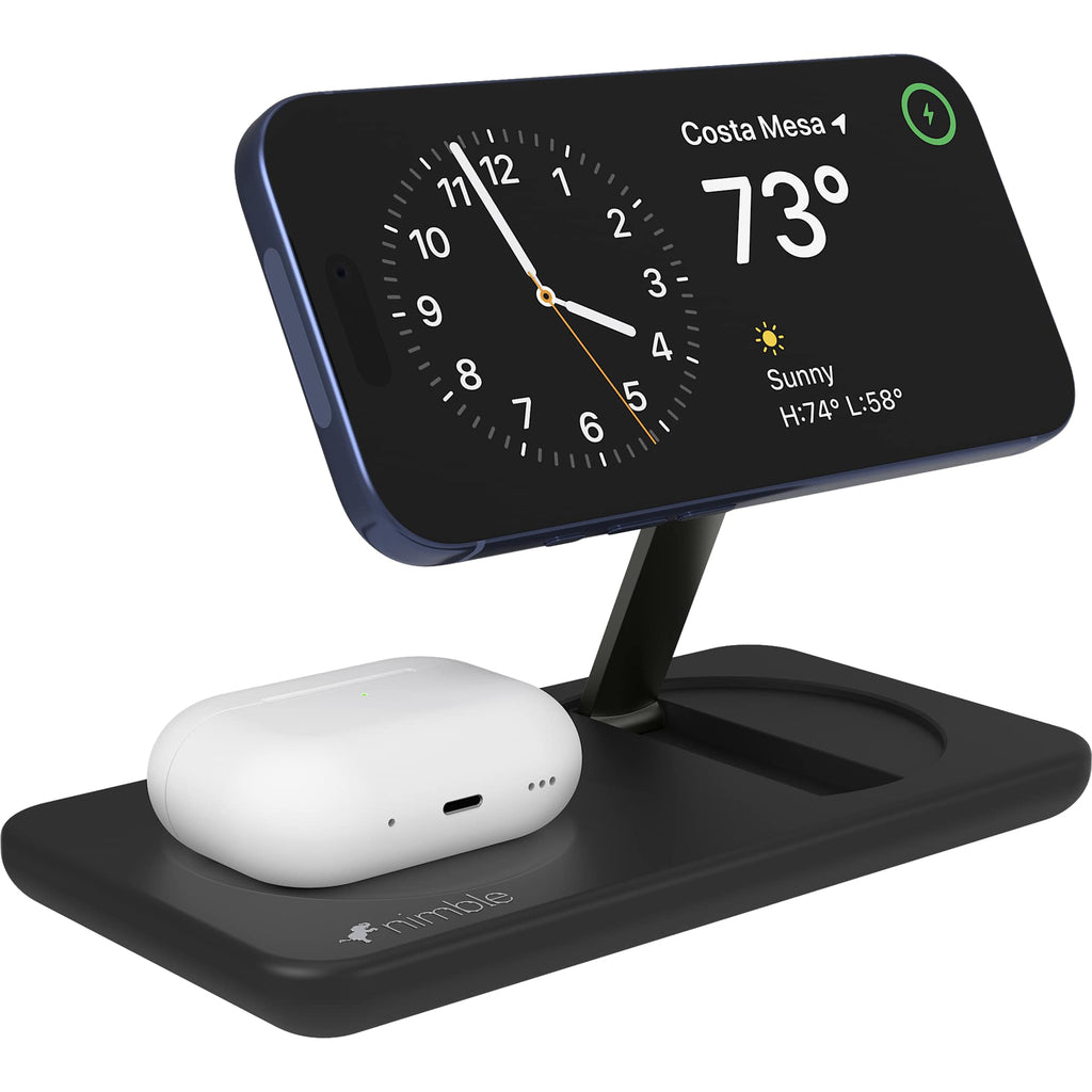 Nimble Podium 2-in-1 Qi2 Charging Stand, 25W - Black - Right Angle Phone