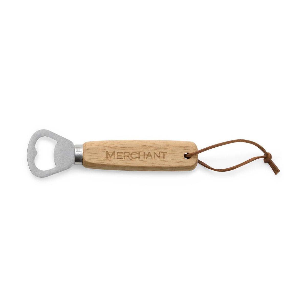 Oak Handle Bottle Opener with Leather Loop Laser Engraving - Wood - View 1