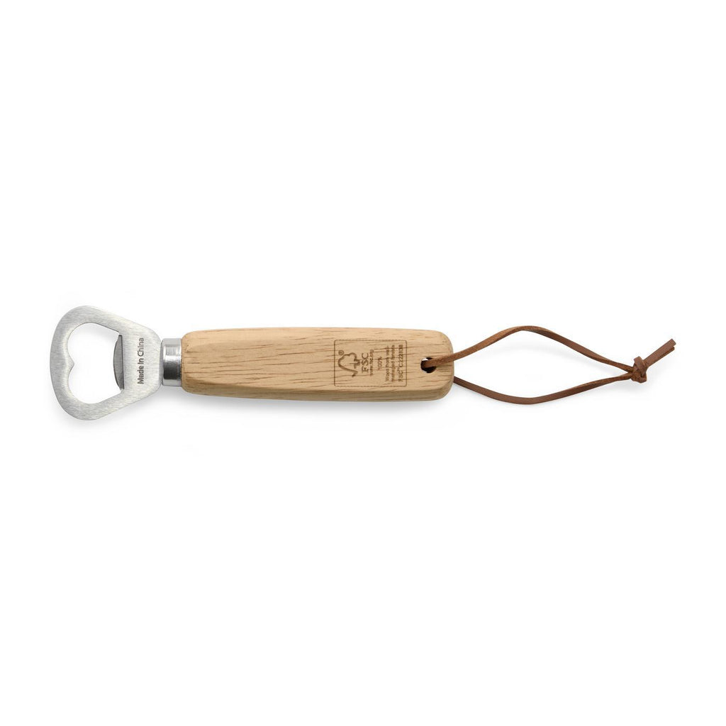 Oak Handle Bottle Opener with Leather Loop Laser Engraving - Wood - View 2