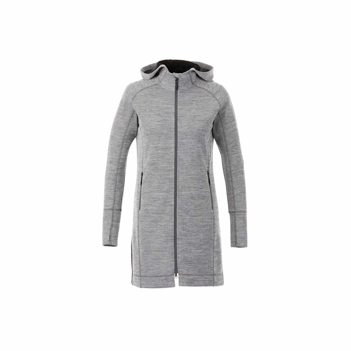Odell Tunic Length Knit Zip Hoodie with Thumb Holes for Women Transfer - Heather Charcoal - Front Flat