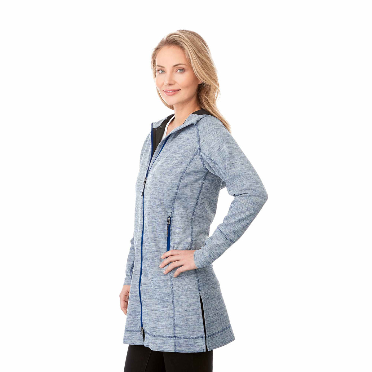 Odell Tunic Length Knit Zip Hoodie with Thumb Holes for Women Transfer - Invictus Heather - On Model 4