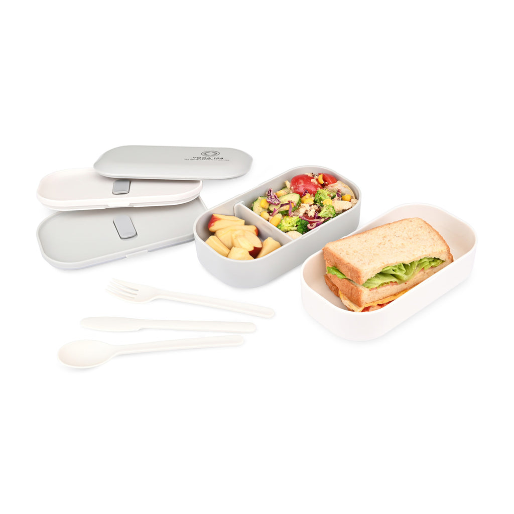 Oishii Two Tier Bento Box with Utensils - Grey-Cream - View 2