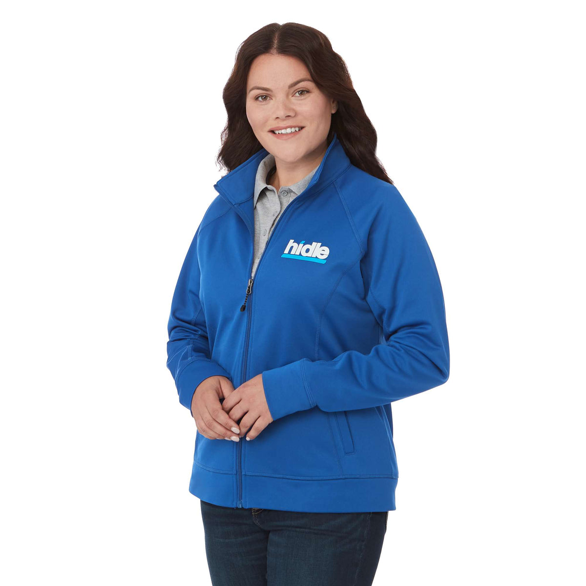 Okapi Performance Full Zip Knit Jacket for Women Debossing - New Royal - On Model Left Angle