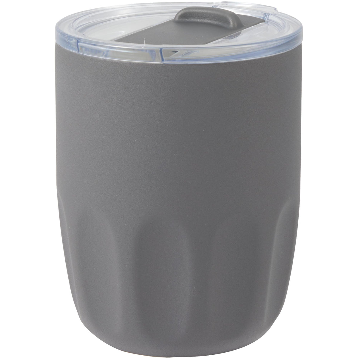 Olla Ceramic Lined Vacuum Coffee Cup, 10 oz Laser Engraving - Charcoal - Left Angle