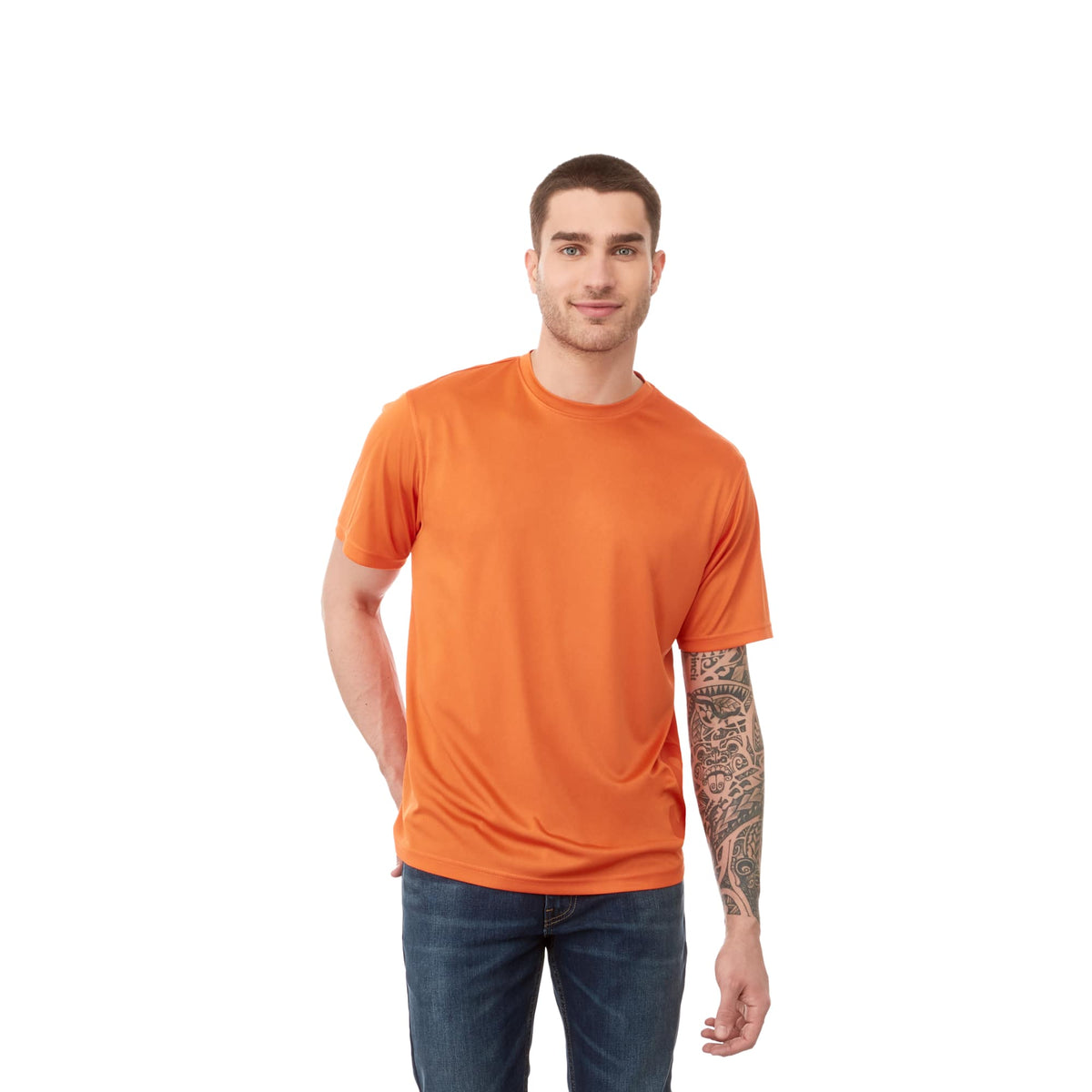 Omi Performance Tech Tee for Men Laser Engraving - Orange - Front On Model