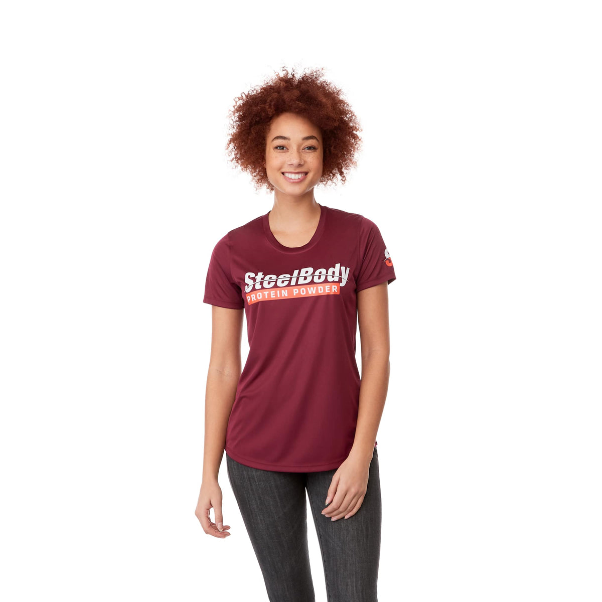 Omi Performance Tech Tee for Women Debossing - Maroon - Front On Model