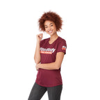Omi Performance Tech Tee for Women Transfer - Maroon - On Model
