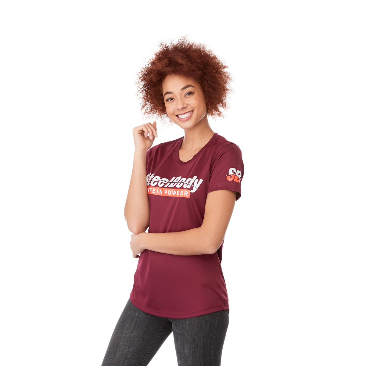 Omi Performance Tech Tee for Women Transfer - Maroon - On Model
