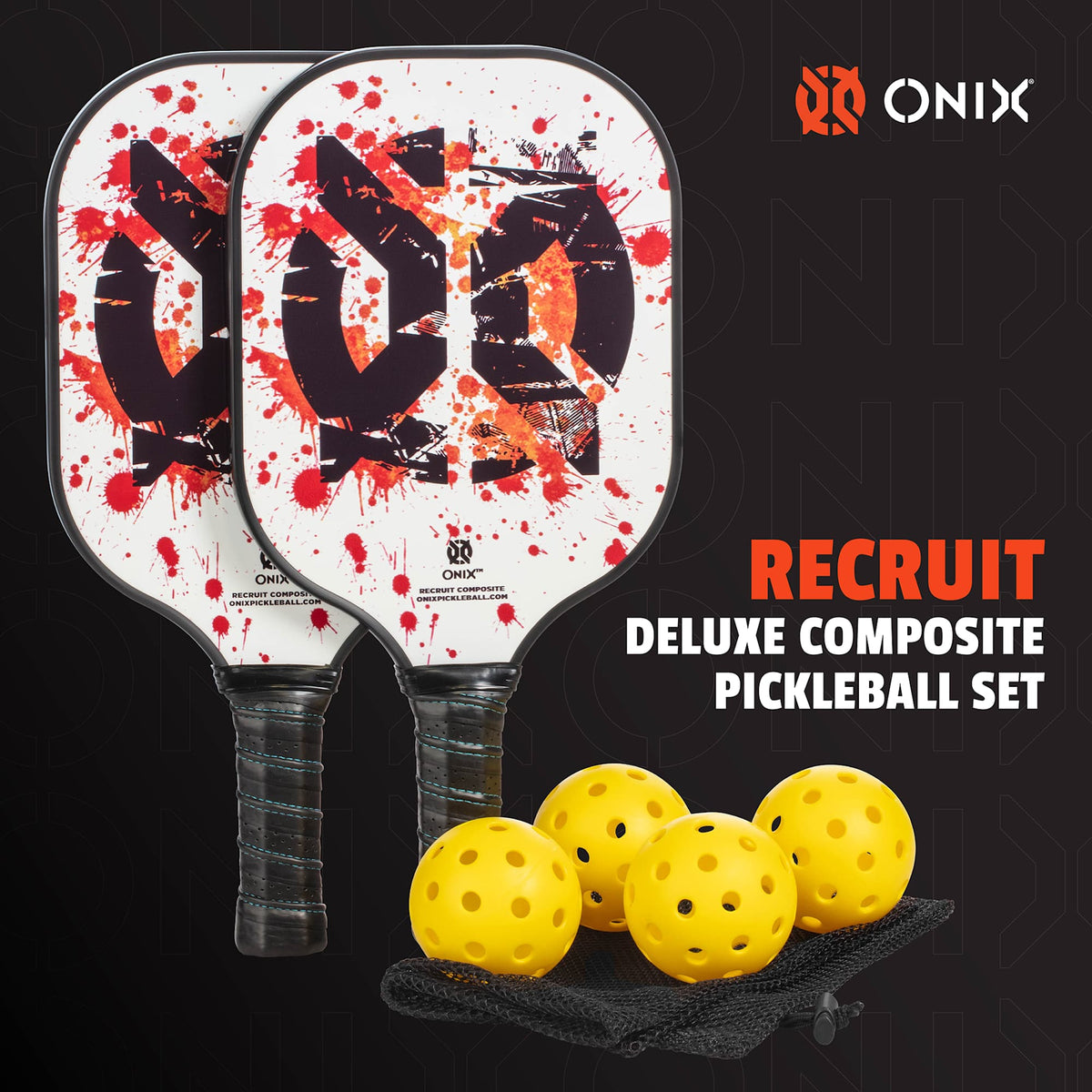 Onix Recruit Composite Pickleball Set with Four Balls - White - Front Detail 4