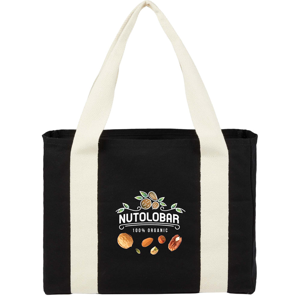 Organic Cotton Shopper Tote with Contrast Handles, 12 oz Embroidery - Black - Front