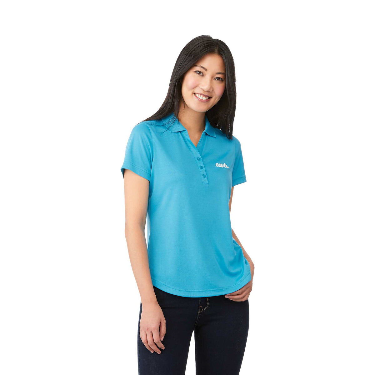 Otis Birdseye Mesh Polo for Women Embroidery - Aspen Blue - Front On Model