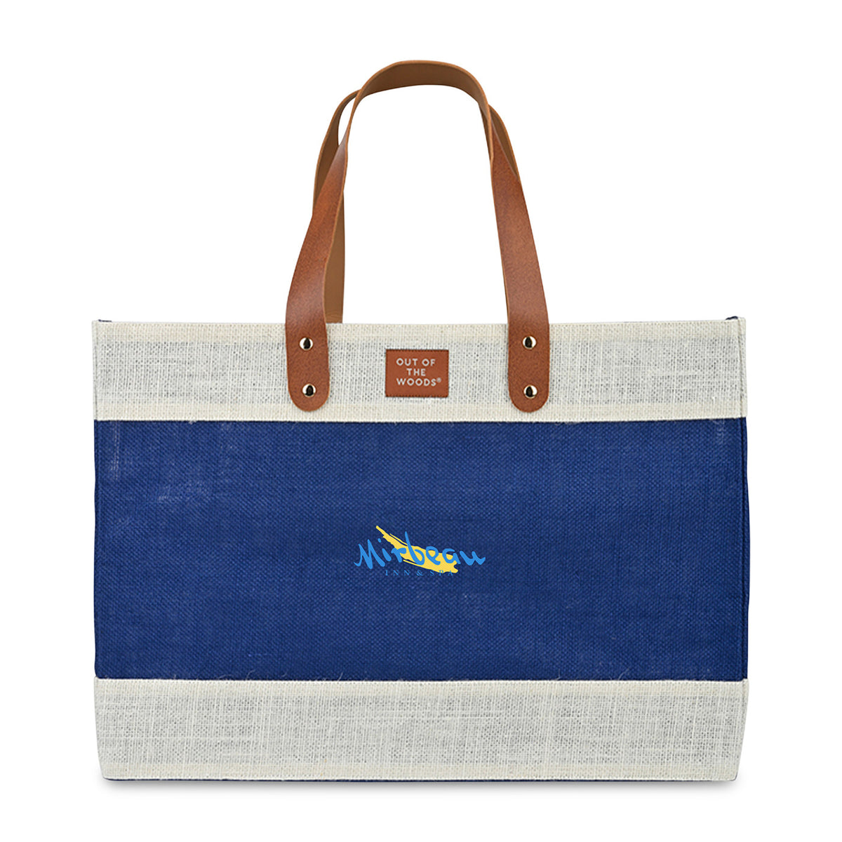 Out of the Woods Jute Market Tote with Vegan Leather Handles Transfer - Navy Blue - View 1