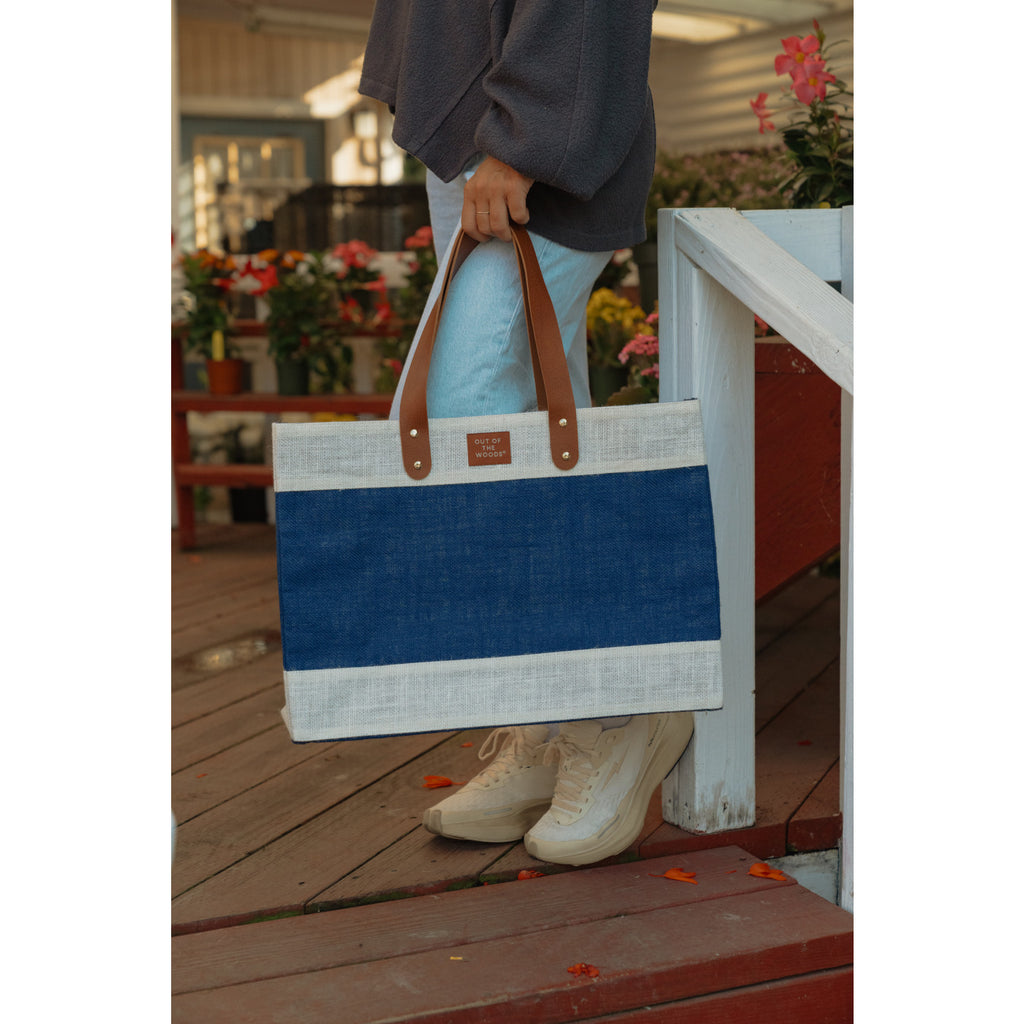 Out of the Woods Jute Market Tote with Vegan Leather Handles Transfer - Navy Blue - View 7
