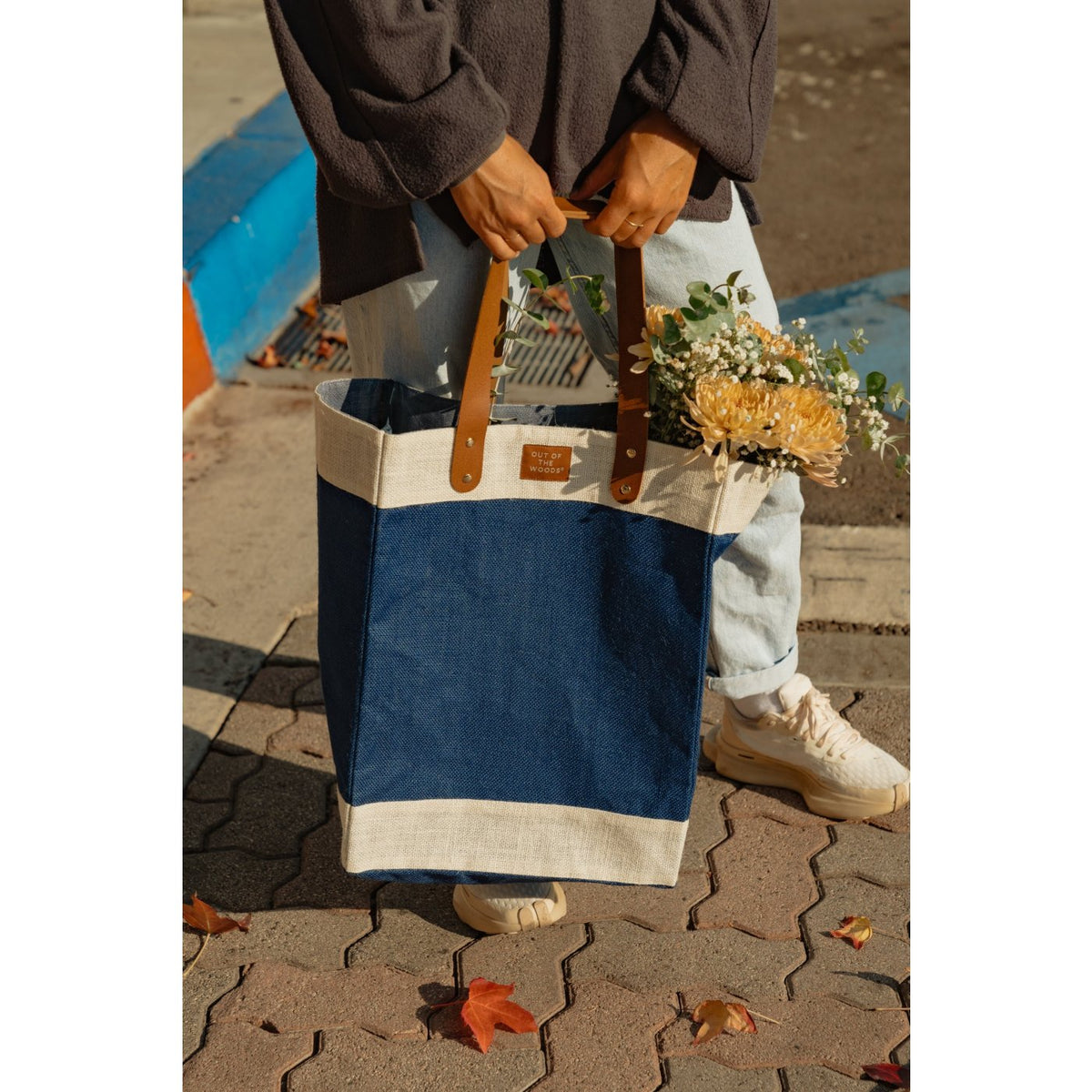 Out of the Woods Tall Jute Tote with Cream Bands Transfer - Navy Blue - View 6