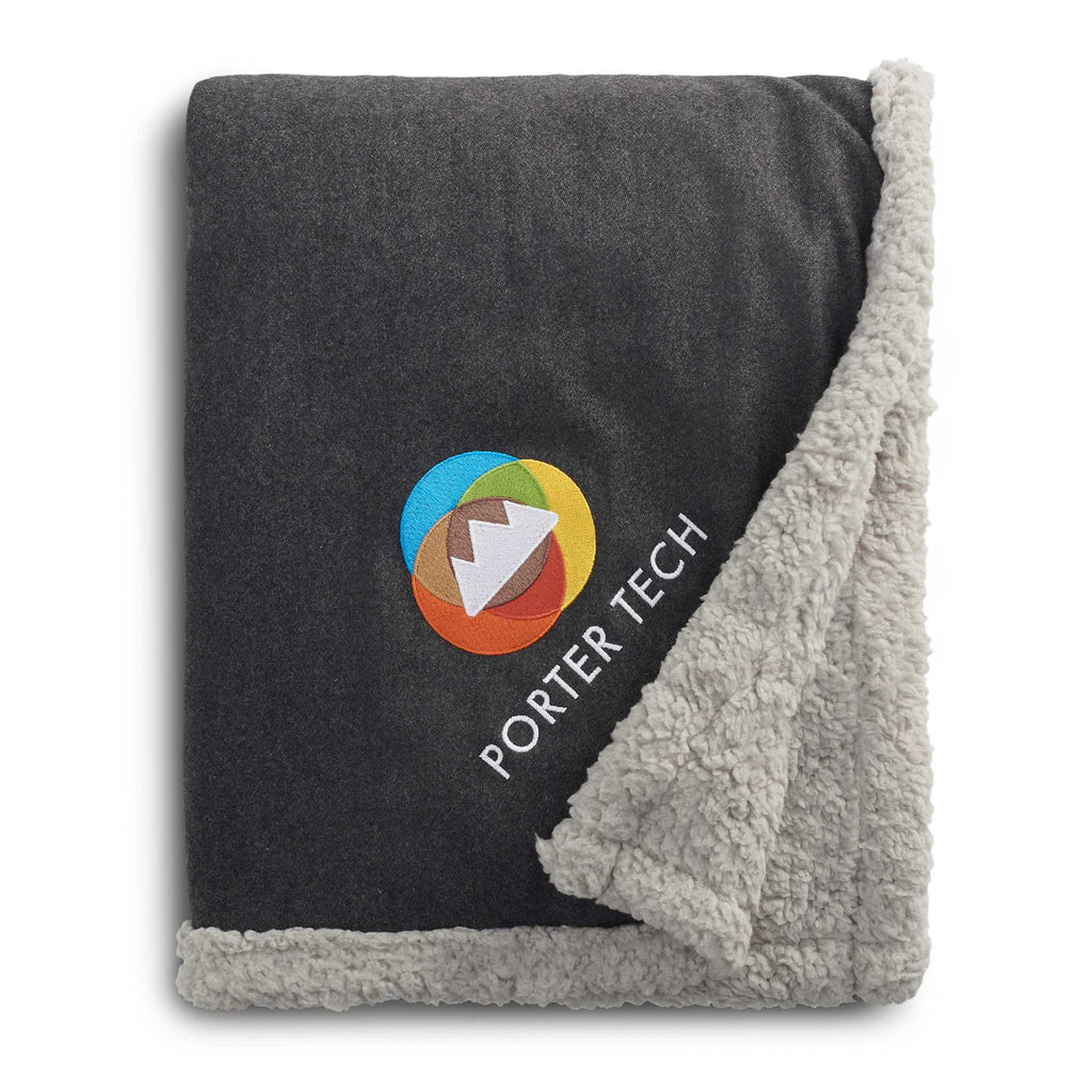 Oversized Wool Blend Sherpa Blanket, 60 x 70 Inches Embroidery - Charcoal - Front
