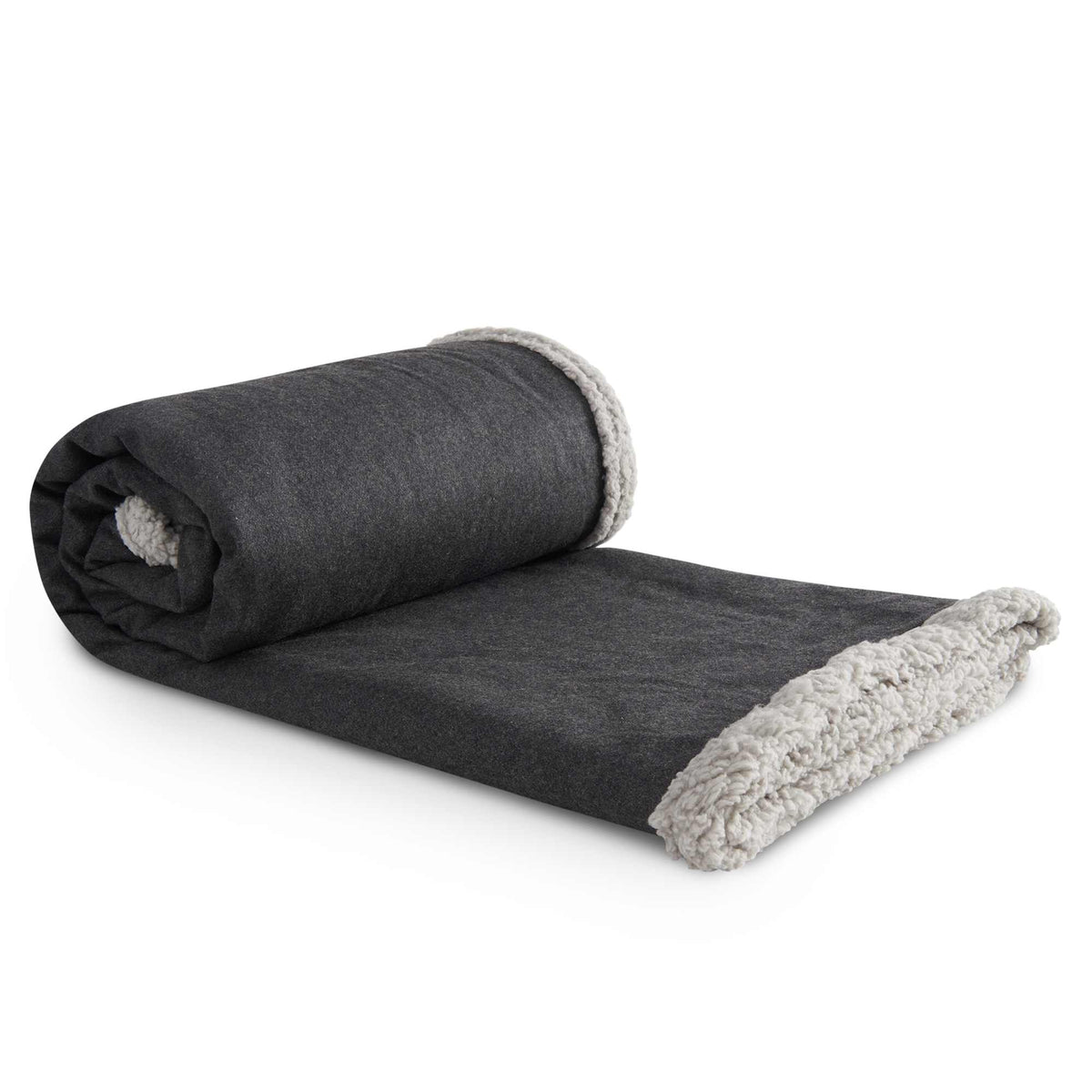Oversized Wool Blend Sherpa Blanket, 60 x 70 Inches Embroidery - Charcoal - Left Angle 2
