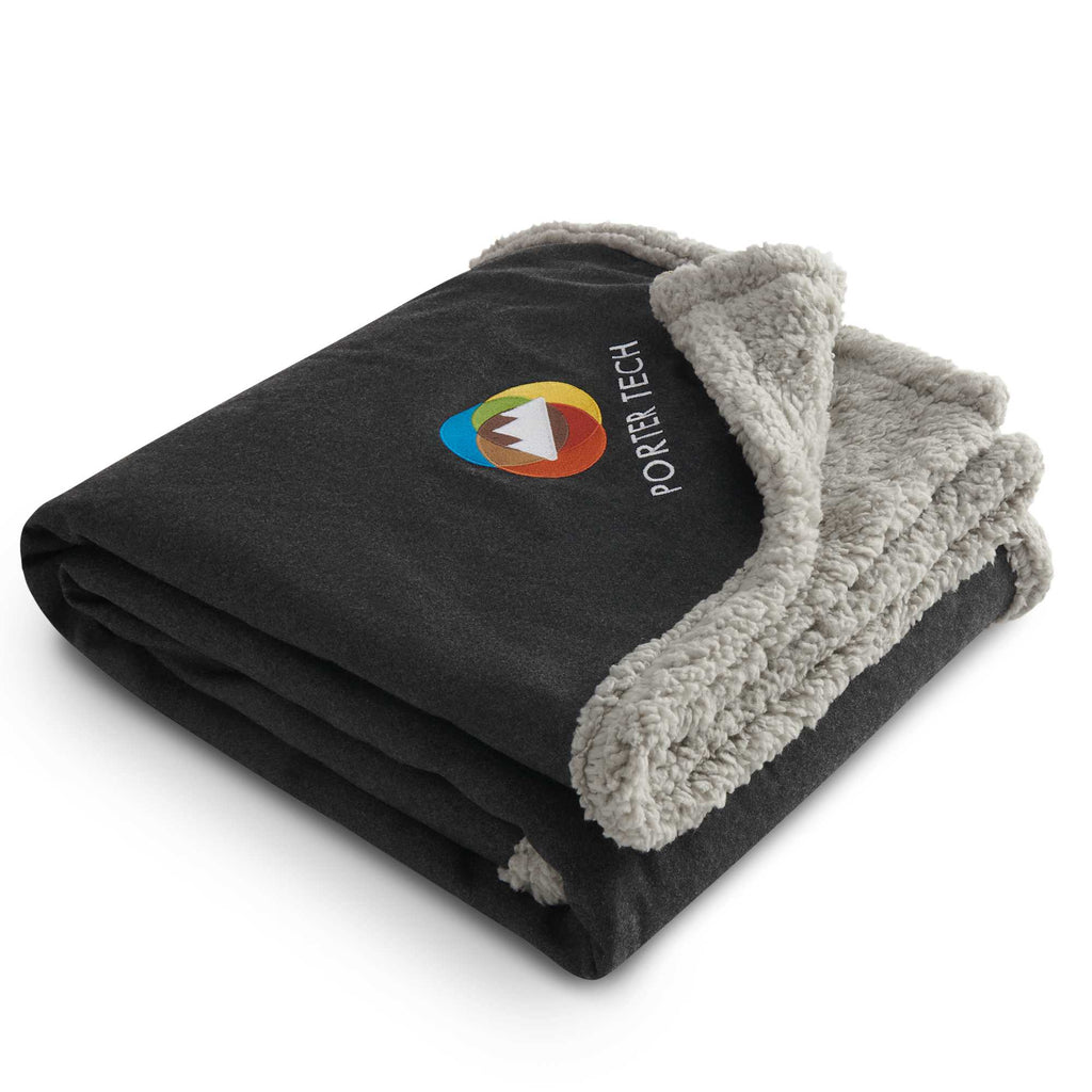 Oversized Wool Blend Sherpa Blanket, 60 x 70 Inches Embroidery - Charcoal - Left Angle