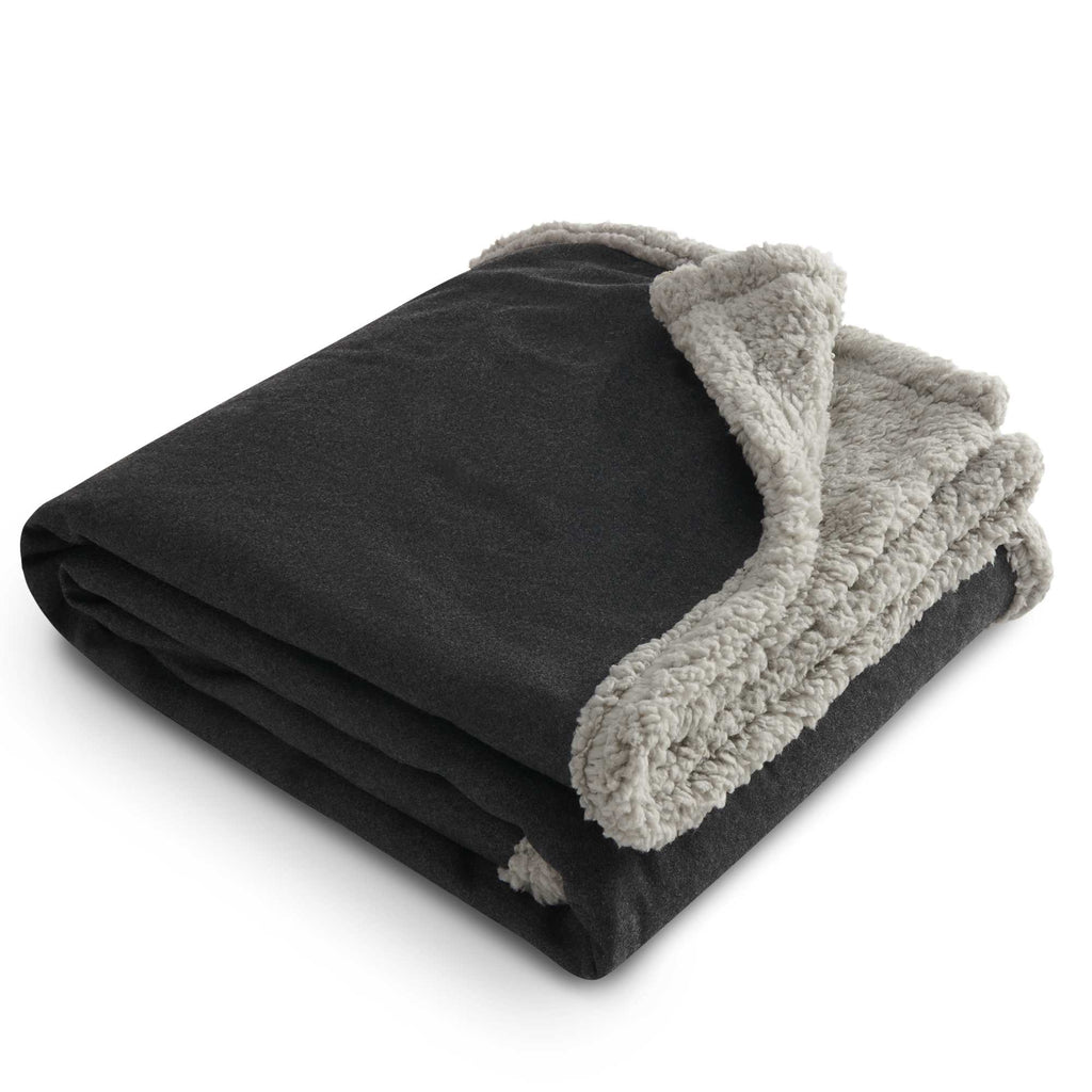 Oversized Wool Blend Sherpa Blanket, 60 x 70 Inches Embroidery - Charcoal - Photo 5