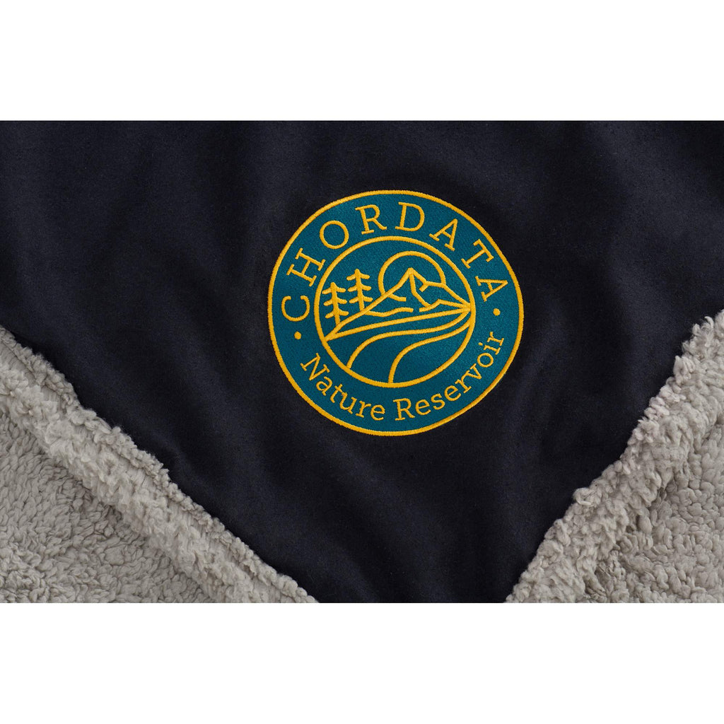 Oversized Wool Blend Sherpa Blanket, 60 x 70 Inches Embroidery - Navy - Detail 2