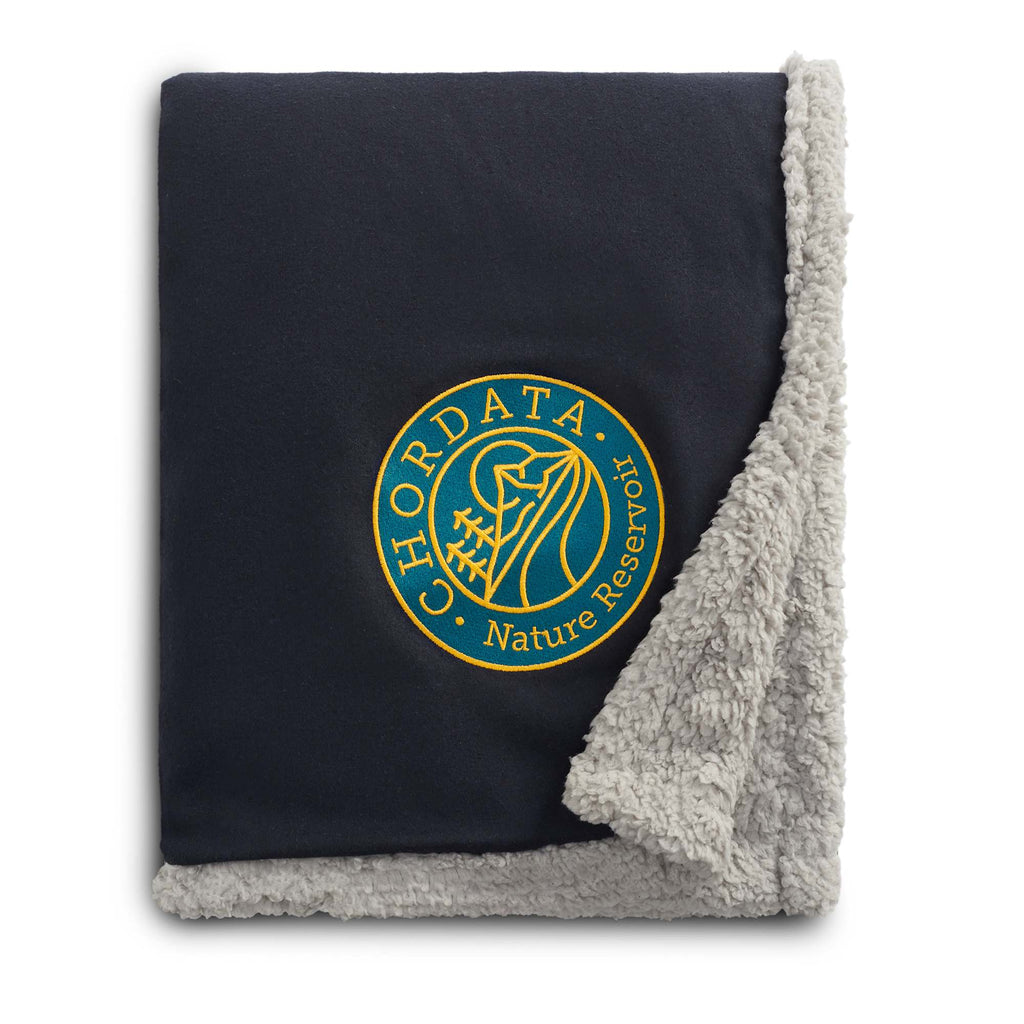 Oversized Wool Blend Sherpa Blanket, 60 x 70 Inches Embroidery - Navy - Front 2