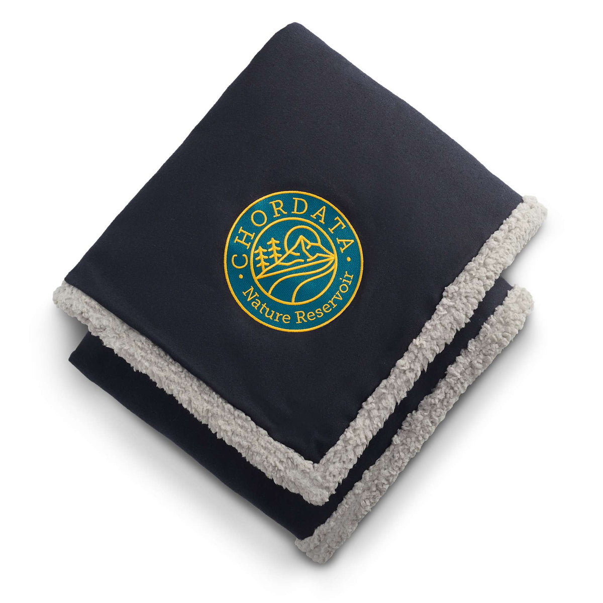 Oversized Wool Blend Sherpa Blanket, 60 x 70 Inches Embroidery - Navy - Front 3
