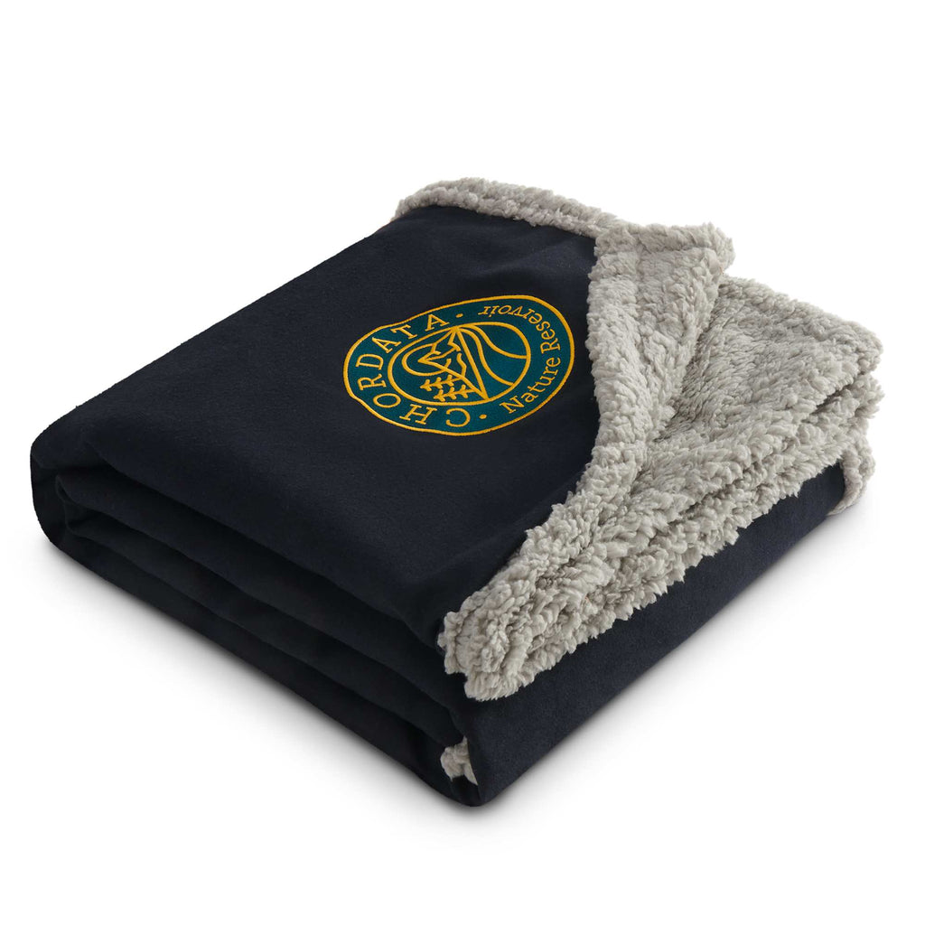 Oversized Wool Blend Sherpa Blanket, 60 x 70 Inches Embroidery - Navy - Left Angle