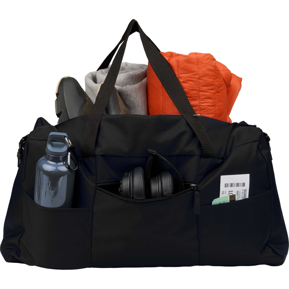 Packable Travel Duffel Bag with Trolley Sleeve Transfer - Black - Propped