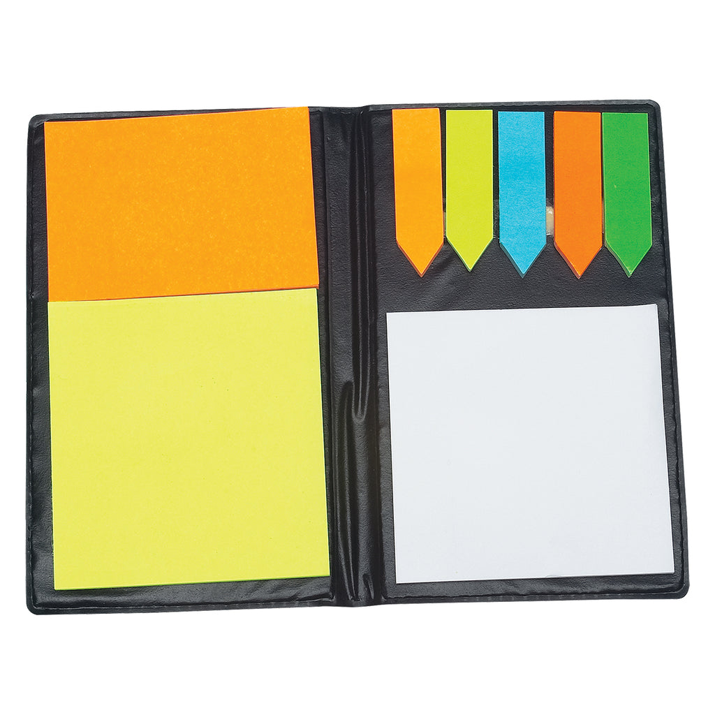 Padfolio with Sticky Notes and Flags, Leather Look Full Color - Black - Open
