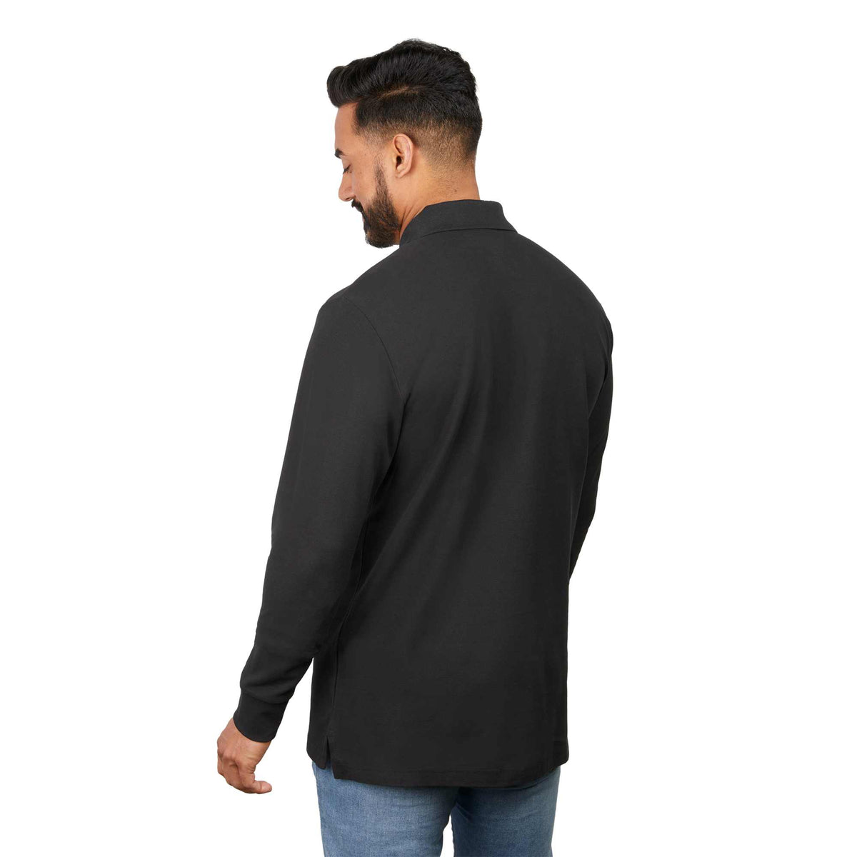 Palo Long Sleeve Cotton Pique Polo for Men Transfer - Black - Back On Model