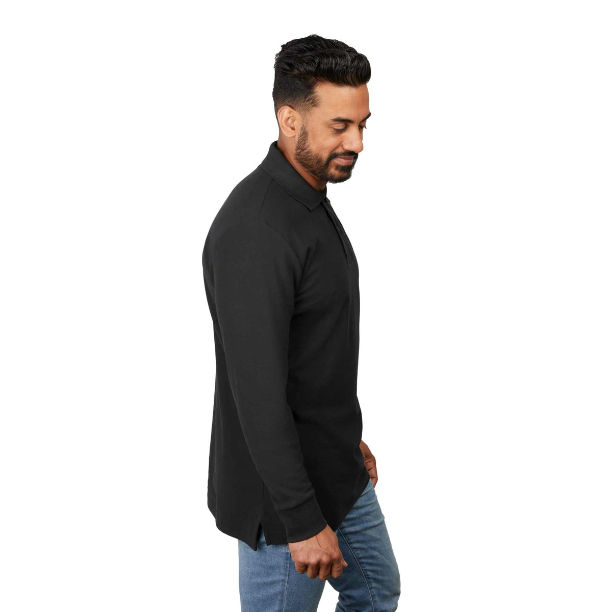Palo Long Sleeve Cotton Pique Polo for Men Transfer - Black - Right Side On Model