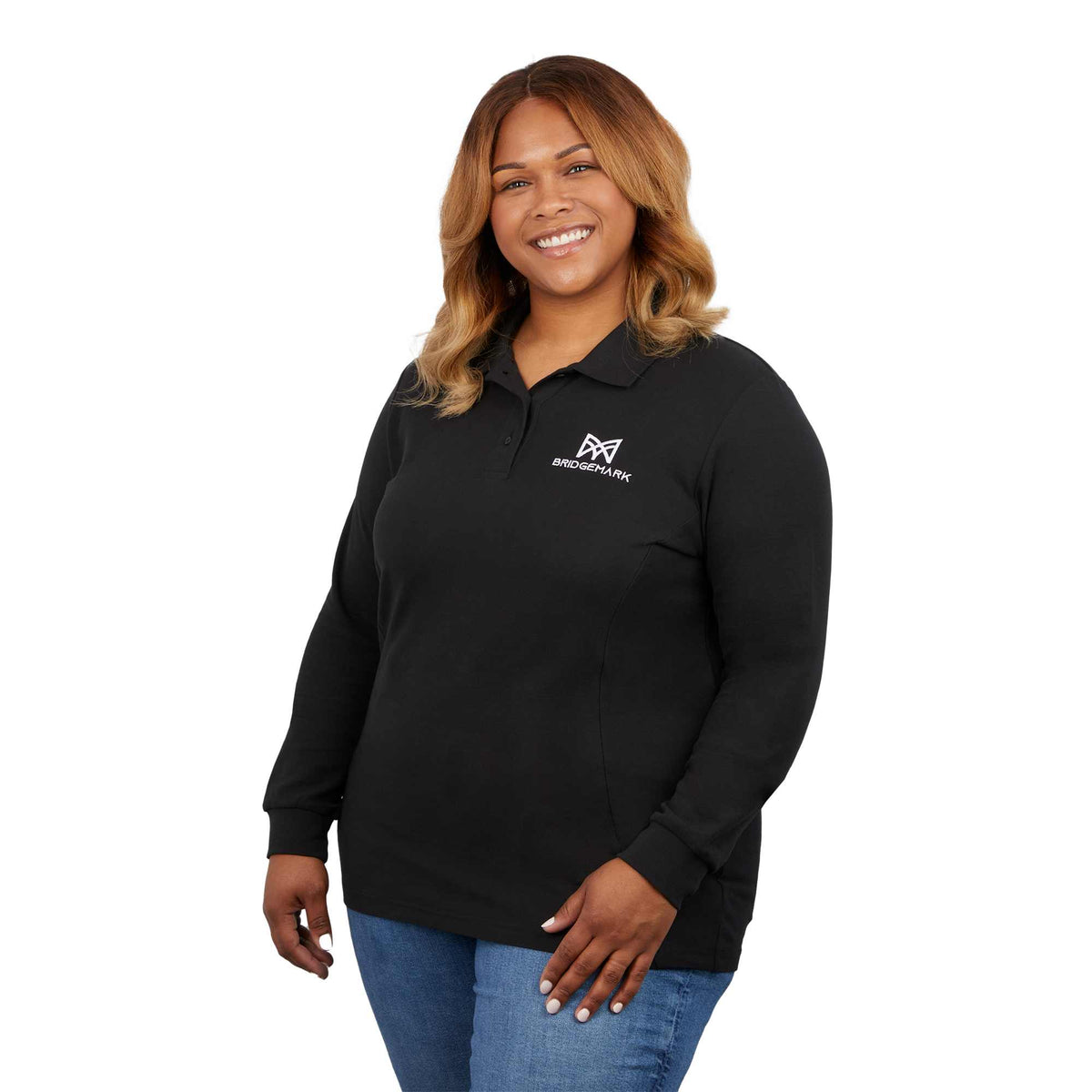 Palo Long Sleeve Cotton Pique Polo for Women Transfer - Black - Front On Model
