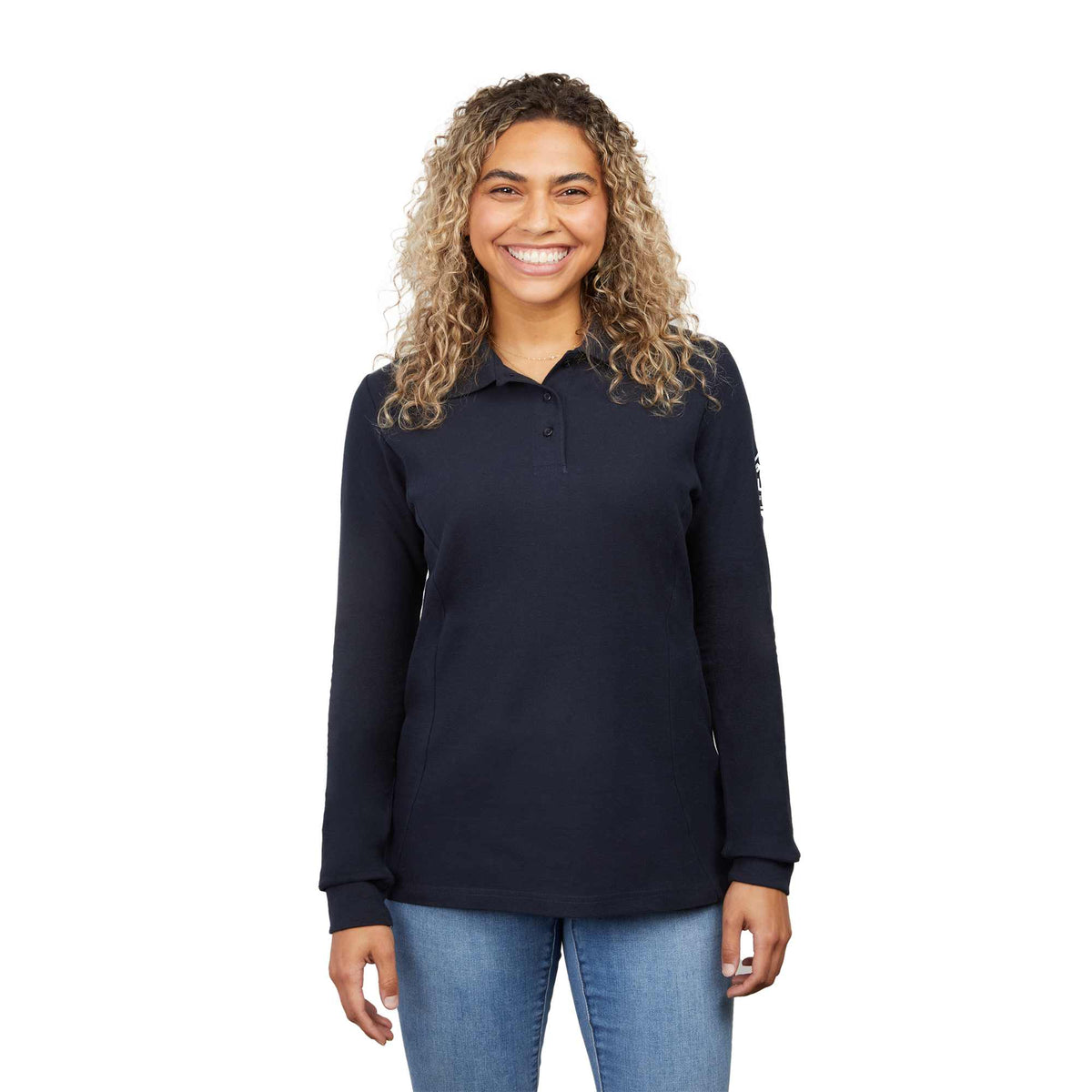 Palo Long Sleeve Cotton Pique Polo for Women Transfer - Navy - Front On Model