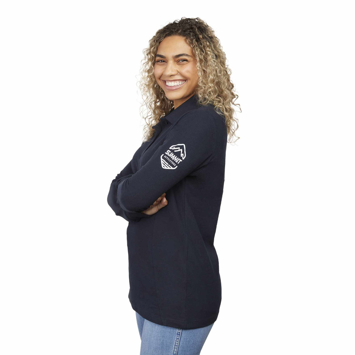 Palo Long Sleeve Cotton Pique Polo for Women Transfer - Navy - Left Side On Model