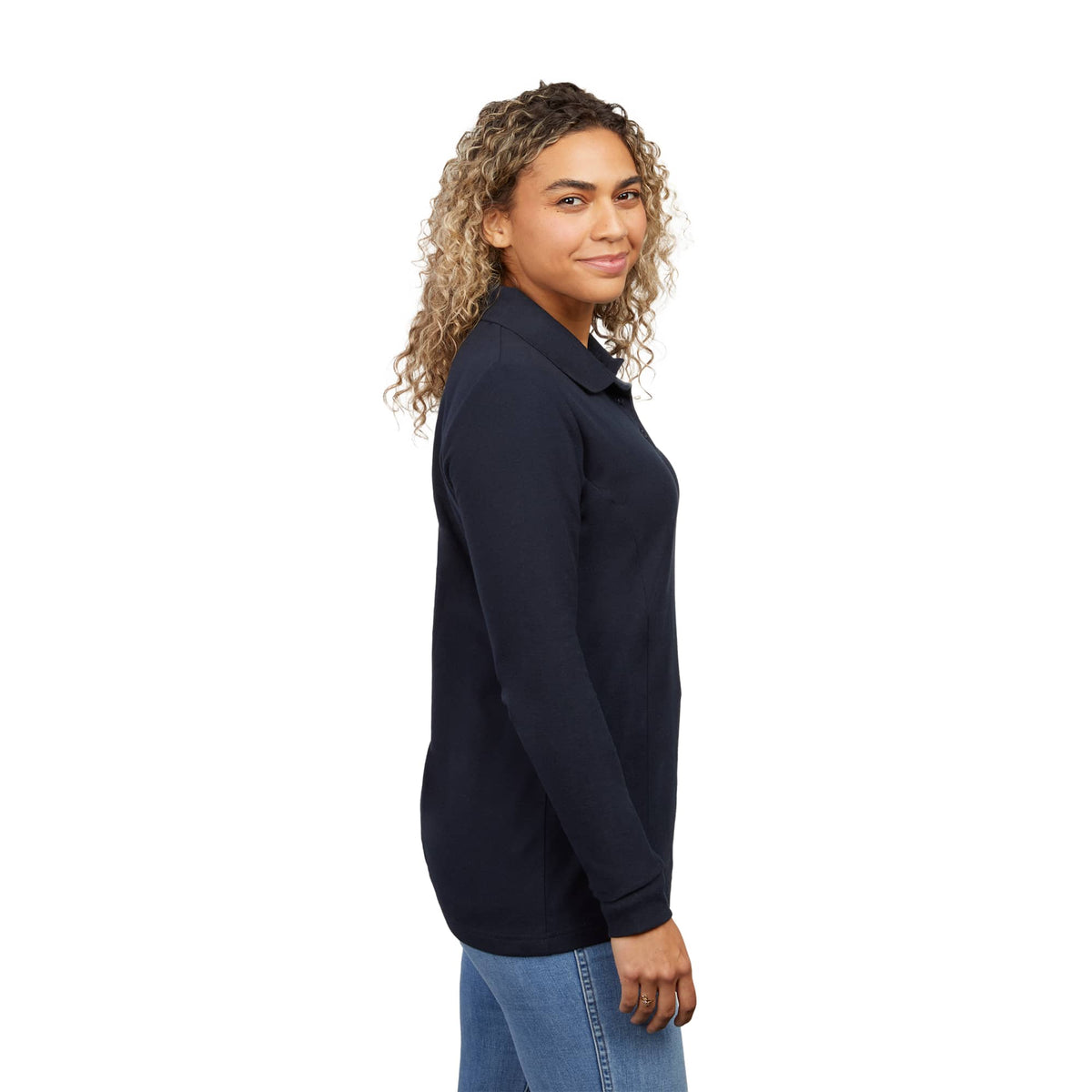 Palo Long Sleeve Cotton Pique Polo for Women Transfer - Navy - Right Side On Model