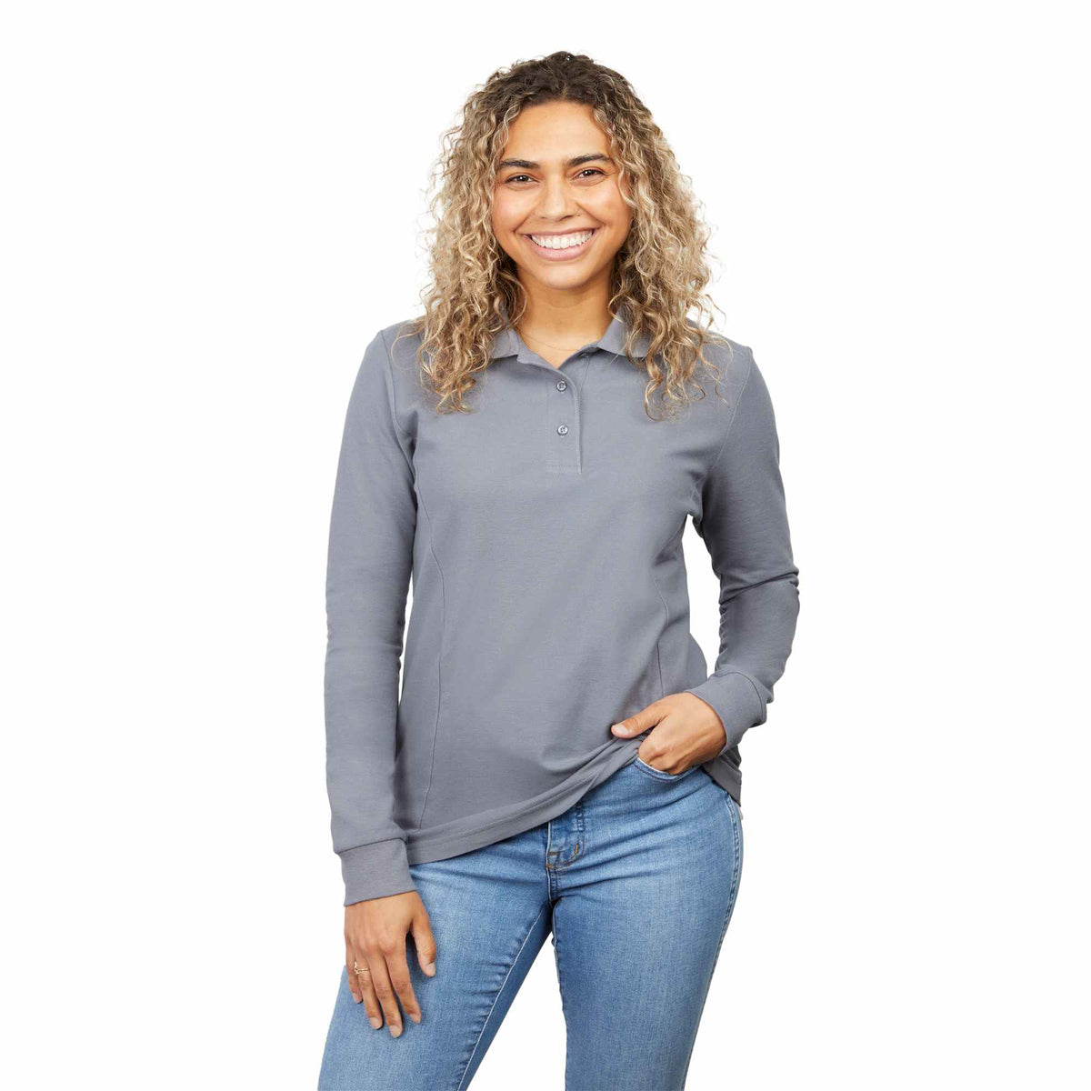 Palo Long Sleeve Cotton Pique Polo for Women Transfer - Steel Grey - Front On Model