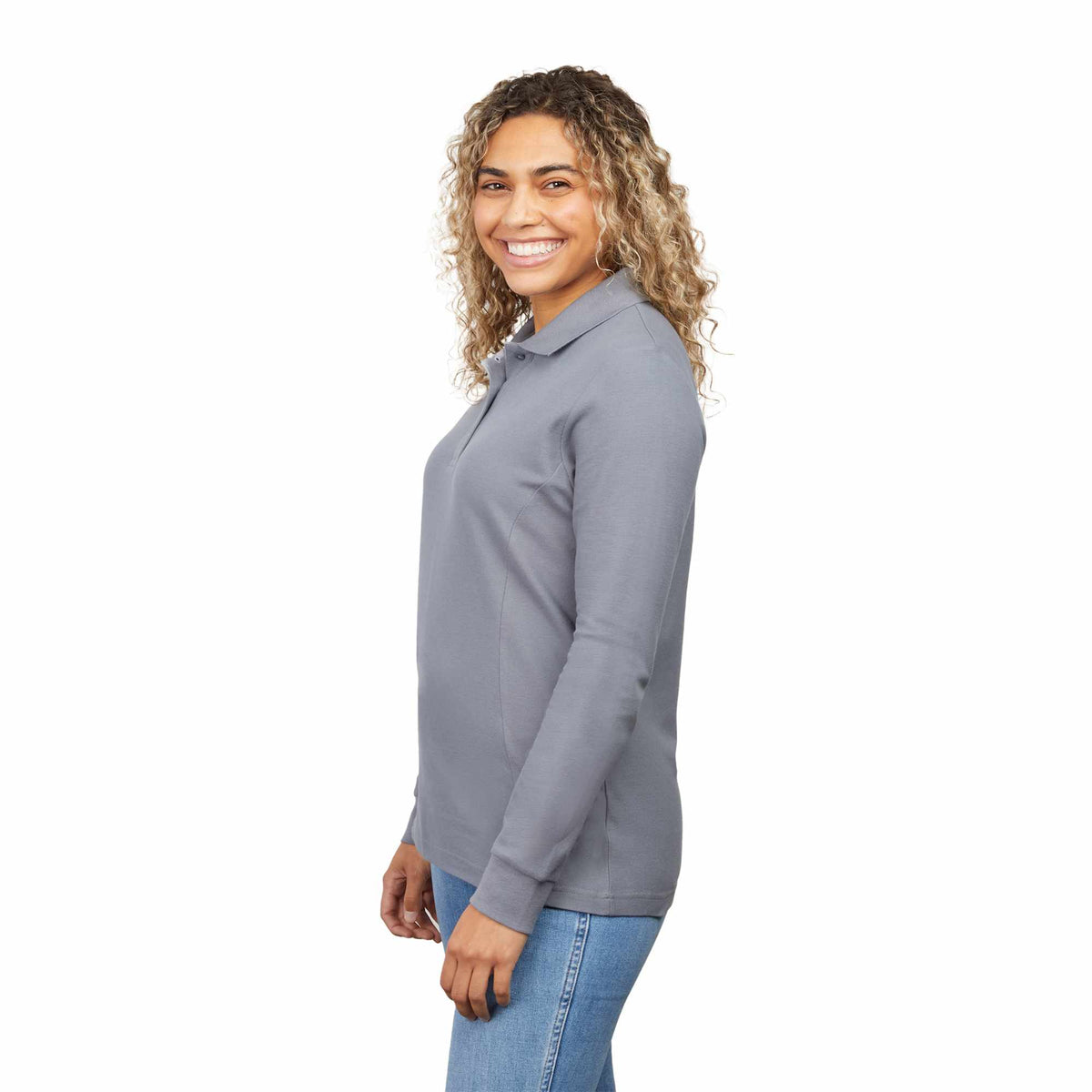 Palo Long Sleeve Cotton Pique Polo for Women Transfer - Steel Grey - Left Side On Model