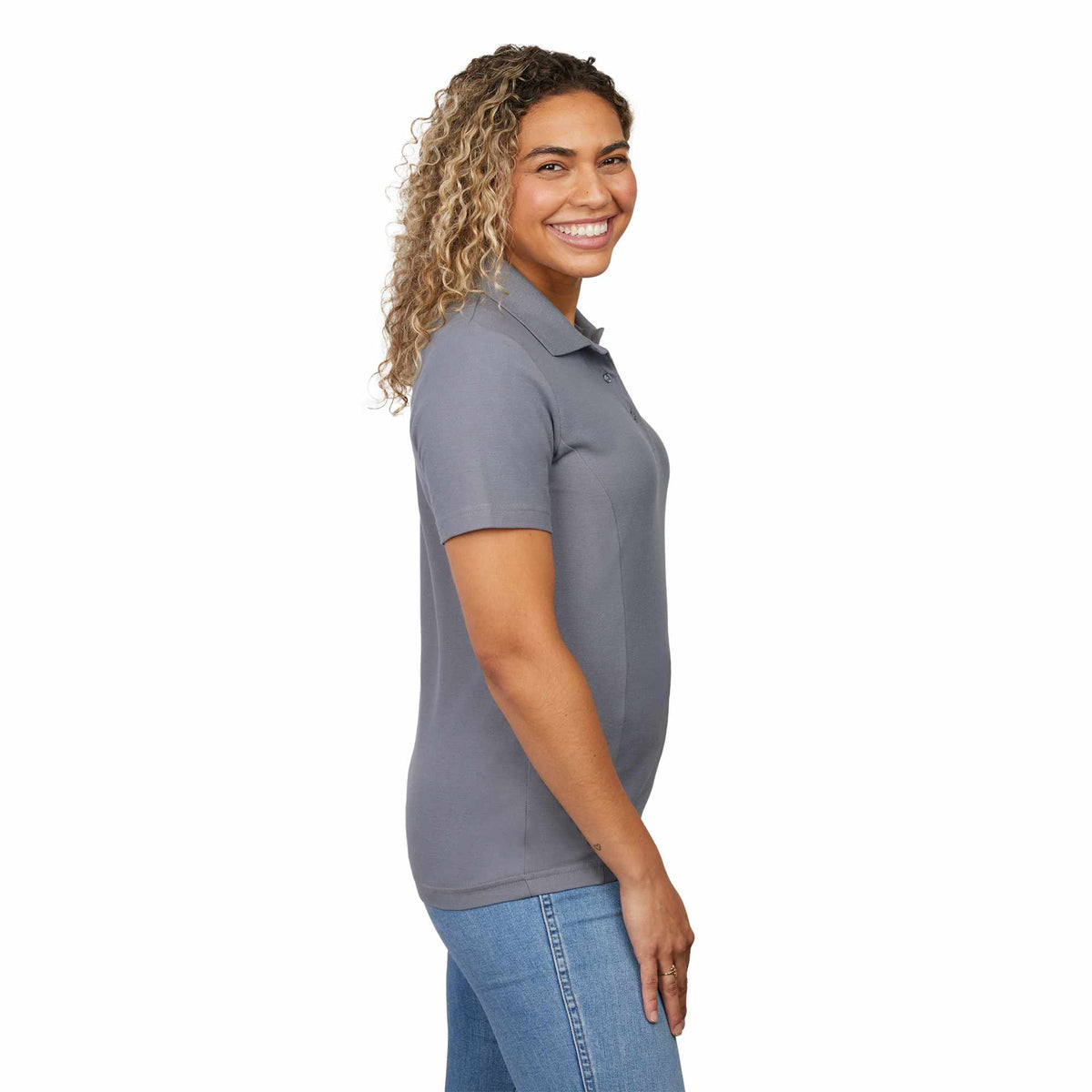 Palo Short Sleeve Cotton Pique Polo for Women Transfer - Steel Grey - Right Side On Model