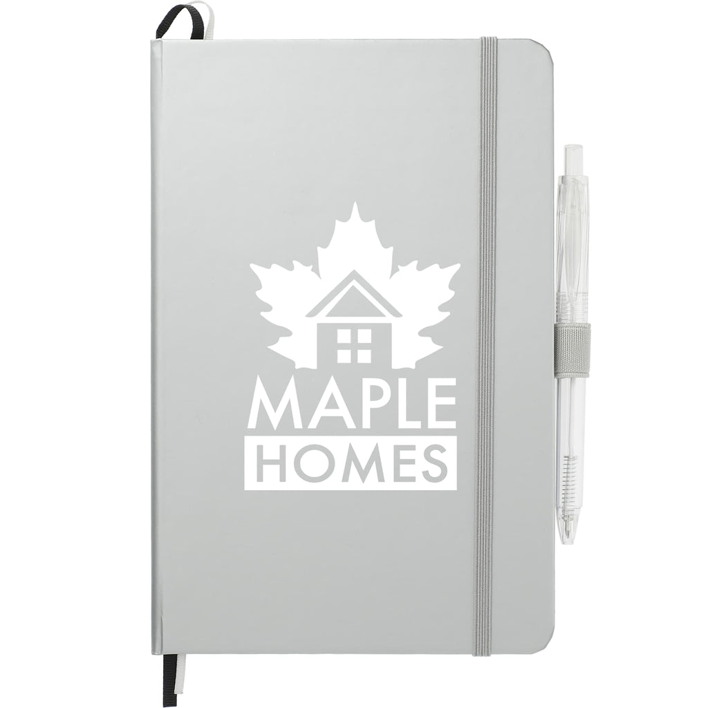 Paper Hardcover Journal and Recycled Gel Pen Set, 5.5 x 8.5 Inches - Silver - Front