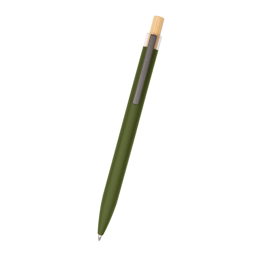Pen in Recycled Aluminum with a Bamboo Plunger - Olive - Front