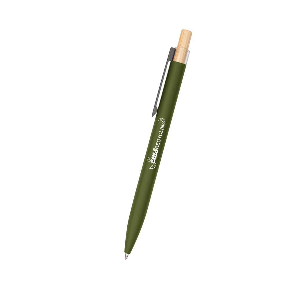 Pen in Recycled Aluminum with a Bamboo Plunger - Olive - Silk Screen