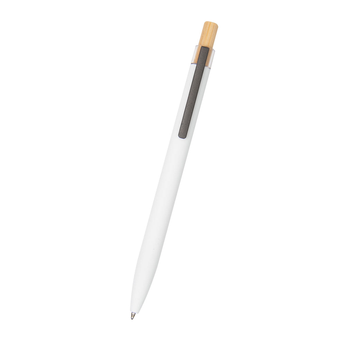 Pen in Recycled Aluminum with a Bamboo Plunger - White - Front