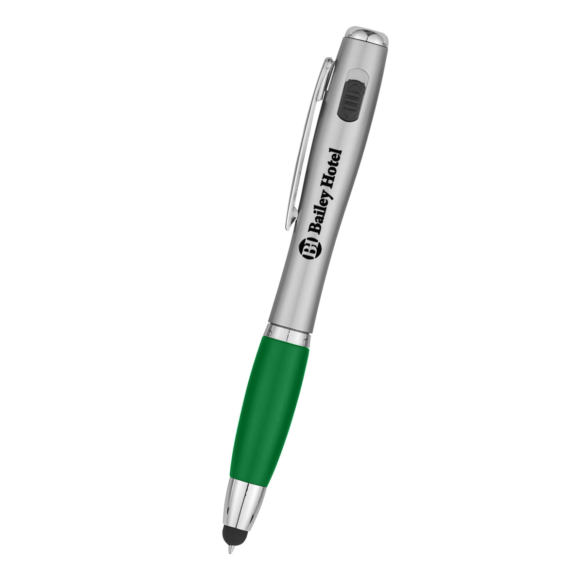 Pen with LED Light and Stylus, Trio Full Color - Green - Silk Screen