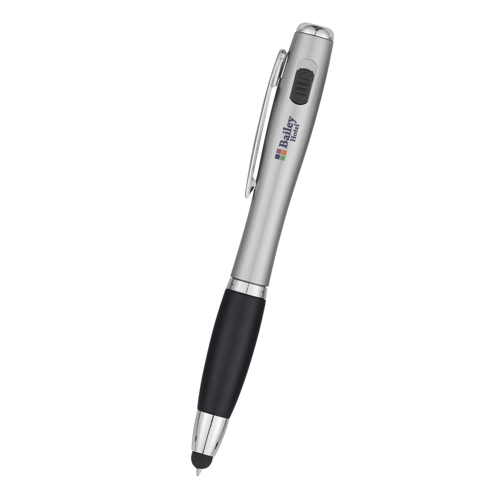 Pen with LED Light and Stylus, Trio Full Color - Silver with Black - Full Color