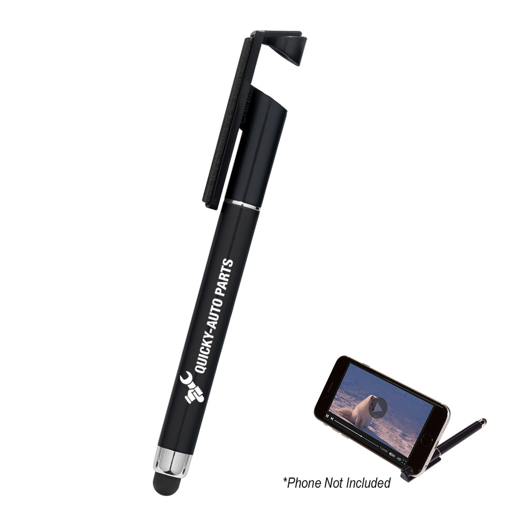 Pen with Stylus, Phone Stand and Screen Cleaner - Black - Silk Screen