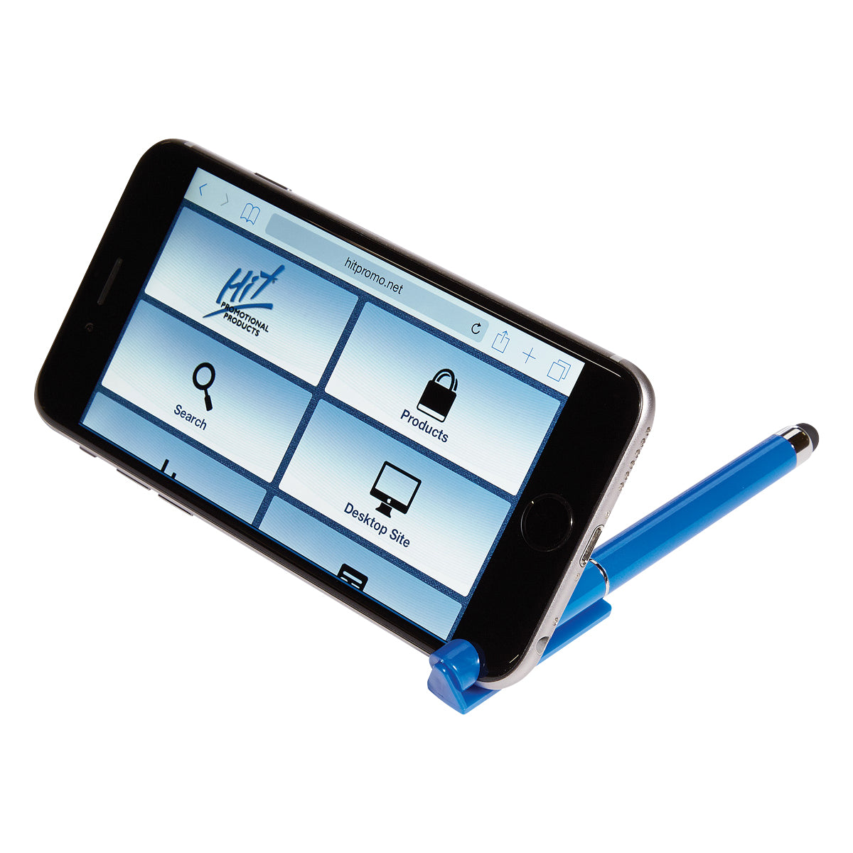Pen with Stylus, Phone Stand and Screen Cleaner - Blue - Phonestand_Blank