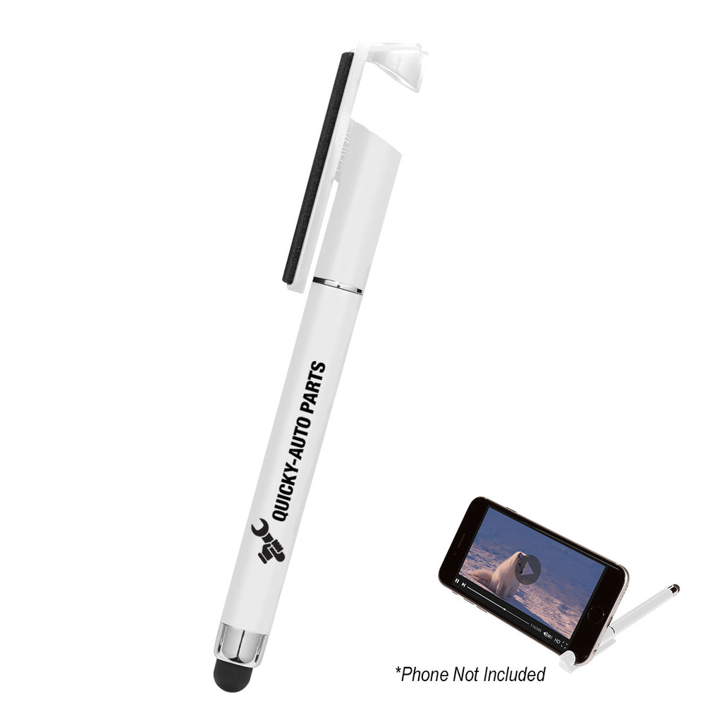 Pen with Stylus, Phone Stand and Screen Cleaner - White - Silk Screen